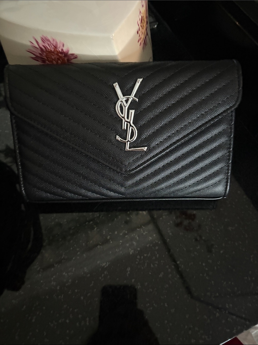 Black Chevron Quilted Leather shoulder bag with Silver YSL Logo